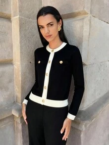 Maija Áo khoác cardigan dài tay cổ tròn phối màu dành cho nữ, mềm mại và thoải mái, phù hợp cho đi làm trong thành phố, công sở, trang phục giáo viên, áo khoác ngoài cơ bản cho mùa thu/đông. - màu đen - Xem 4