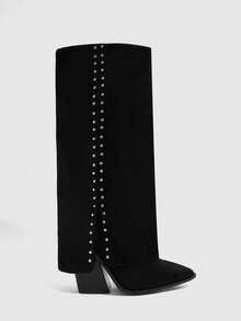 CUCCOO SZL Botas altas de mujer con puntera puntiaguda y tachuelas de moda - Negro - Ver 2