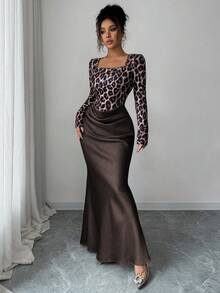 Elenzga Leopard Print Collared Long Sleeve Waist Cinched Bodycon Satin & Tweed Patchwork 2 In 1 Pleated Elegant French Chic Dress For Commute - Brown - View 3