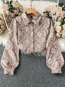 Chiquease 女士花卉提花长袖单排扣优雅衬衫，秋季