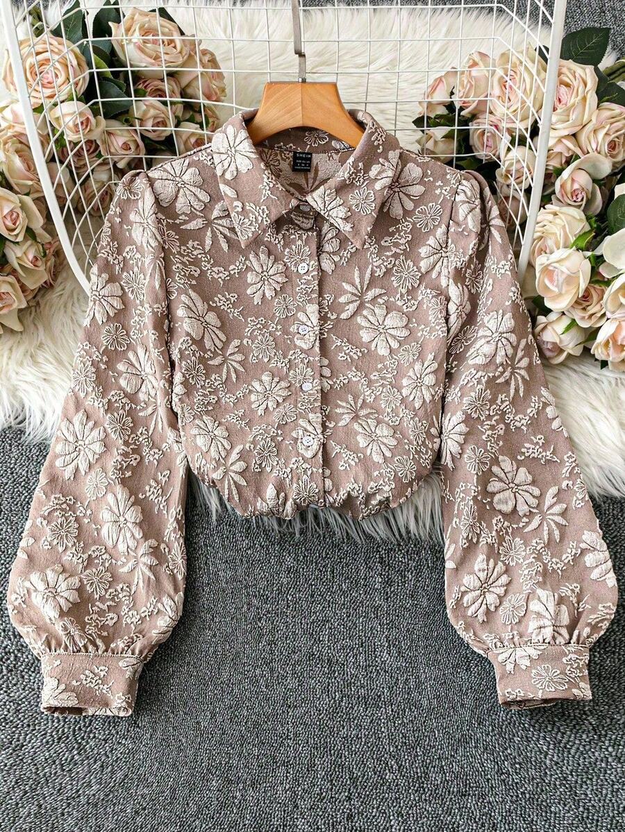 Chiquease 女士花卉提花长袖单排扣优雅衬衫，秋季