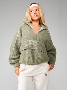 Missguided x Playboy Sage Green Sherpa Half Zip Sweatshirt With White Contrast Piping And Embroidered Text Detail For Fall Winter - Green - View 5