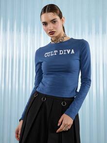 COUREZ T-shirt ajusté à manches longues avec imprimé slogan Cult Diva / Top de printemps Y2K pour sortir, hauts mignons, t-shirts graphiques pour femmes - Bleu azur - Voir 4