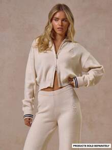 MUSERA Embroidered Cropped Boxy Fit Zip Through Funnel Neck Knit Co-Ord Top Only Autumn Winter Cool Streetwear Going Out Casual Knitwear Everyday New Retro - Cream - View 1