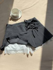 Comfortcana Chân váy ngắn xếp ly buộc vạt bên hông cho nữ - Xám - Xem 3