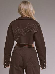 MUSERA Darling Frayed Distressed Embroidered Cropped Denim Jacket Winter Cute Casual Cosy - Chocolate Brown - View 2