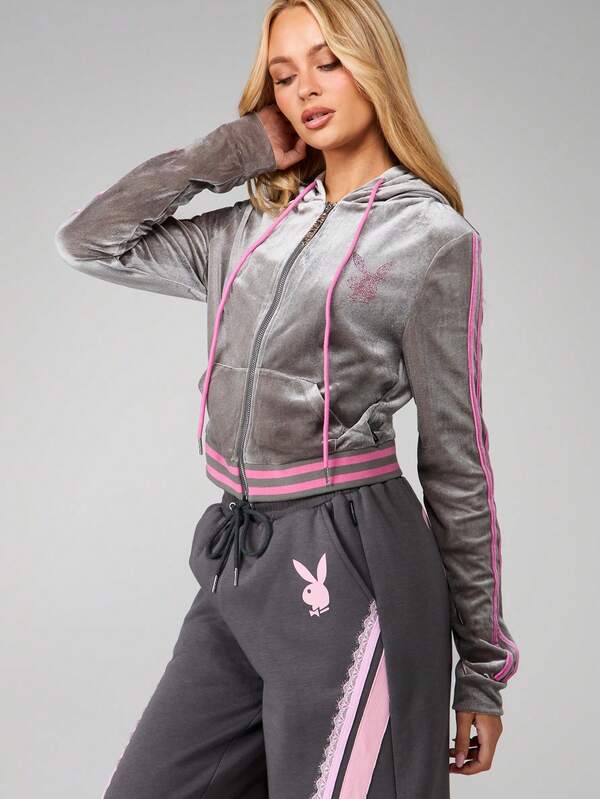 Missguided x Playboy Velour Zip Up Hoodie Jacket With Rhinestone Logo And Pink Trim Details