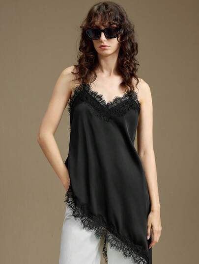 Ontre 蕾丝女士黑色缎面弹力面料舒适不对称下摆吊带长款上衣，现代都市休闲商务时尚办公室着装，复古邮轮婚礼宾客礼服，圣诞节晚宴新年节日派对氛围。