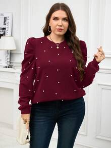 SHEIN Clasi 优雅加大码女式卫衣，饰有串珠泡泡袖，圆领，秋冬款 - 酒紅色 - 查看 5