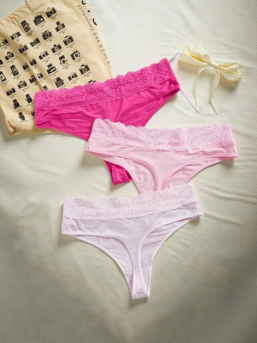 Lowkey Lull 3pcs/Pack Plus Size Comfortable Lace Design Thong Sexy Panties