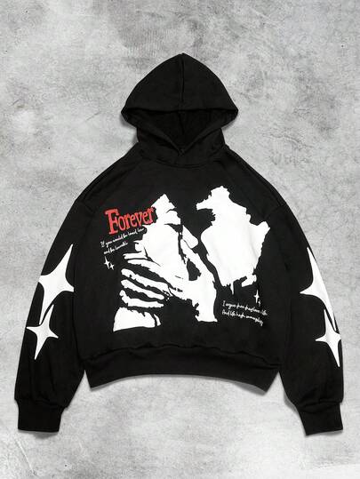 Street Life Men's Slogan & Figure Punk Print Loose Fit Casual Hoodie Sweatshirt