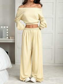 SHEIN EZwear 女士纯色不对称肩部落肩长袖短款连帽衫和抽绳腰带运动裤休闲套装 - 杏色 - 查看 3