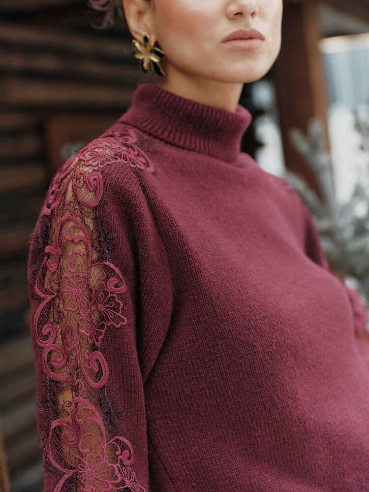 Elegant Burgundy Hollow-Out Lace High Neck Soft Women Sweater, Autumn/Winter