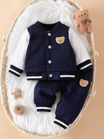 SHEIN Newborn Boy Baby Bear Pattern Double Fried Dough Twists Fabric White Splicing Blue Jacket Two Pieces Suit Fashionable Personalized Handsome Boys And Girls Can Wear