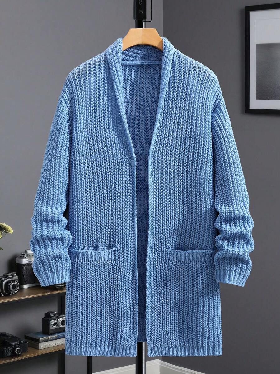 Manfinity Homme Men's Solid Color Drop Shoulder Long Sleeve Dual Pocket Casual Knit Cardigan, Autumn/Winter - Blue - View 1
