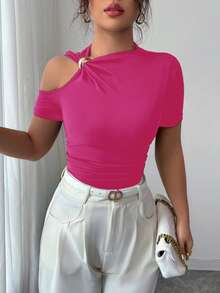 Selianne 女士优雅通勤纯色露肩短袖T恤 - 玫紅色 - 查看 4