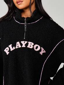 Missguided x Playboy 四分之一拉链泰迪绒卫衣，粉色撞色滚边细节，休闲街头风套头衫 - 黑色 - 查看 4