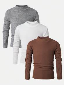 SHEIN 3件套儿童男童休闲纯色圆领长袖针织T恤套装，3种不同款式，适合通勤、上学、日常穿着、度假、运动、秋冬季等场合。 - 彩色 - 查看 3