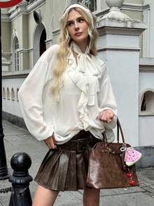 SHEIN EZwear Apricot Chiffon Women's Solid Color Lantern Sleeve Ruffle Hem Elegant Blouse - Apricot - View 1