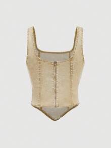 SHEIN MOD 女士休闲水洗无袖牛仔上衣 - 卡其色 - 查看 2