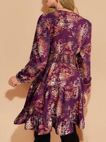 Amorya 女士优雅褶皱收腰印花长袖短款连衣裙，修身剪裁，适合日常穿着及多种场合，秋季款