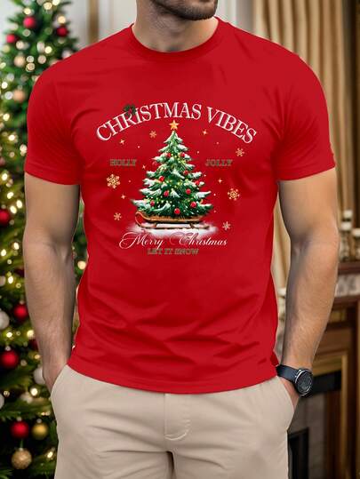 Manfinity Homme Weihnachts-Schneeflocken & Weihnachtsbaum Grafik "Fröhliche Weihnachten" Slogan modischer Lässig Muster Herren Standard Passform Kurzarm T-Shirt, warme Familien-Atmosphäre passend für Eltern-Kind/Paar
