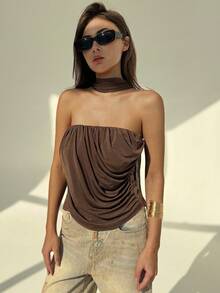 Aloruh Áo crop top bó sát màu nâu gợi cảm lãng mạn cho nữ - màu nâu - Xem 7