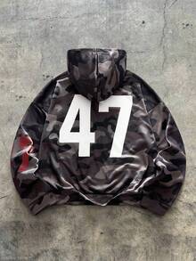 AXEPEAK 男士休闲迷彩印花连帽卫衣，秋季款 - 軍綠色 - 查看 2