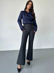 Firerie Women's Navy Blue Crossover V-Neck Long Sleeve Satin Blouse, Satin V-Neck Top, Elegant Daily Commute Women's Shirt, Navy Blue Shirt, Blue Satin Blouse, Long Sleeve Shirt, Spring/Autumn/Winter Clothing, Elegant, Commute, Daily, Minimalist, Work Attire - Navy Blue - View 7