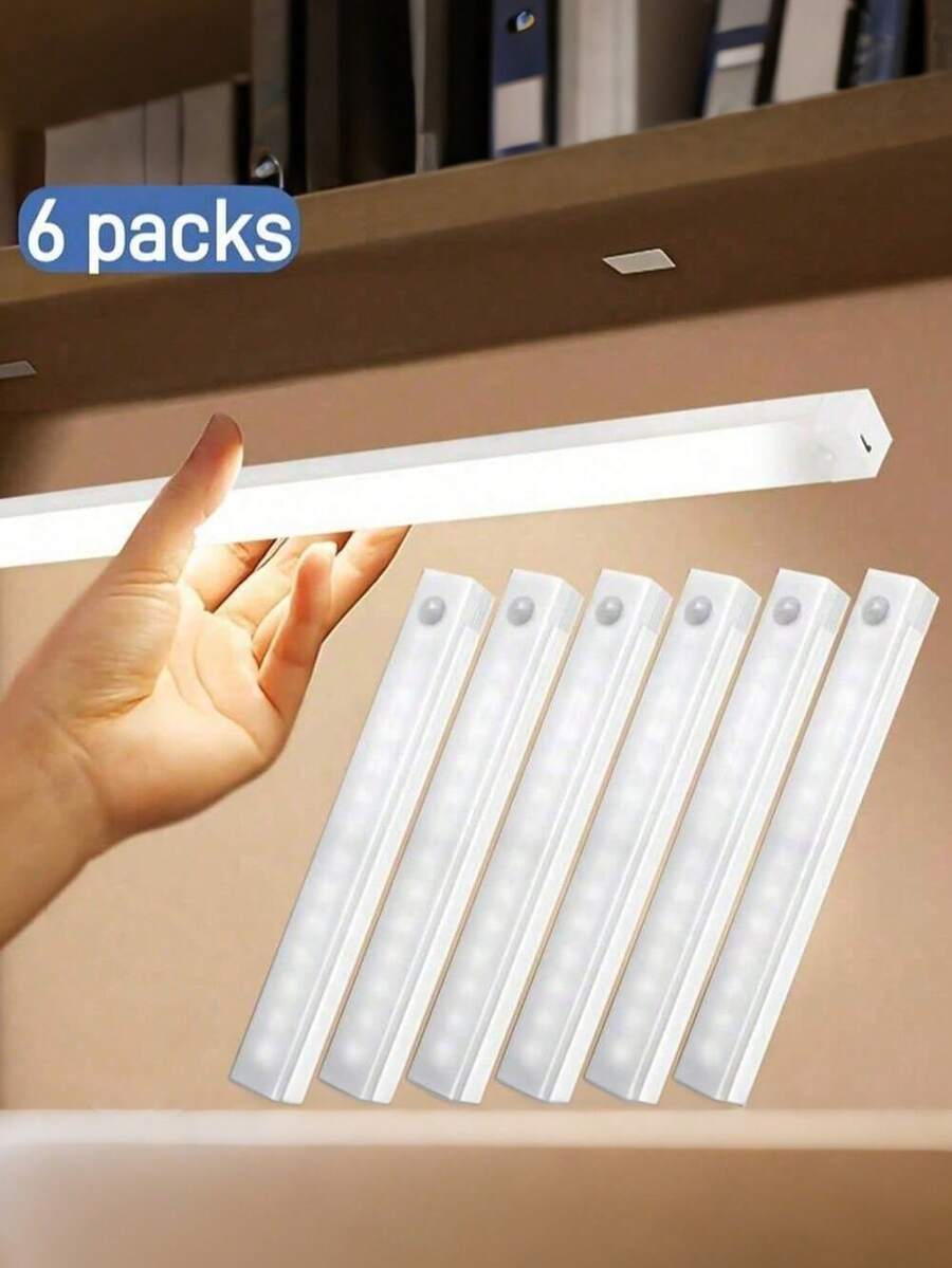 6 piezas Luces LED con sensor de movimiento, tiras de luz LED con sensor de movimiento recargables por USB, luces nocturnas para escaleras, armarios, cocinas y pasillos debajo de los gabinetes - Blanco - Ver 1