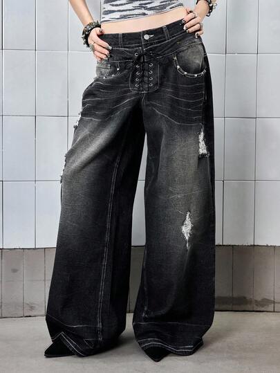 Grunge Punk Jeans évasés à taille basse et décontractés avec design vintage et rivetés pour femmes