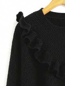 SHEIN Clasi Plus Size Solid Color Round Neck Ruffle Trim Long Sleeve Pullover Sweater - Black - View 5