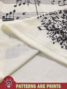 Rina Fox Women's Retro Off-The-Shoulder Top With Long Sleeves And Musical Note Print Slim Fit T-Shirt, Fashion , Vintage Y2k, Textured Fabric, Sister Gift, Back-To-School Clothing, Holiday Gift