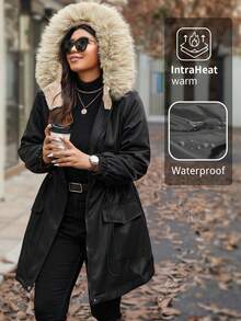 Calvaya Plus Size Drawstring Waist Fluffy Collar Hooded Parka Jacket, For Thanksgiving, Winter Clothes - Black - View 7