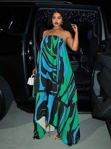 Slaydiva 2025 Spring, Summer, Autumn, Winter New Music Festival, Easter, Western, Nomadic Style Dress, Suitable For Birthday Party, Casual Wear, Vacation, Cruise Travel, Beach, Sunbathing, Viral , Street, Punk Style, Club Wear, Abstract Green Folk Print Long Sleeve Ruffle Collar Sexy Plus Size Asymmetric Hem Maxi Dress