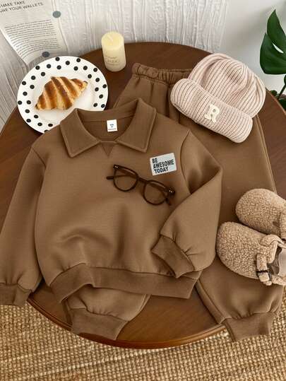 SHEIN 2 件套年轻男童休闲纯色 Polo 领长袖运动衫和裤子运动服，拉绒厚款，适合开学季