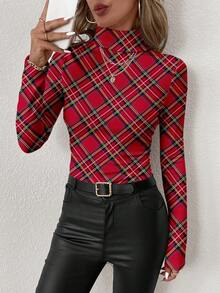 SHEIN Clasi 休闲简约女式圣诞格子印花高领打底T恤，适合秋冬季节、居家穿着、时尚派对等场合。 - 彩色 - 查看 5