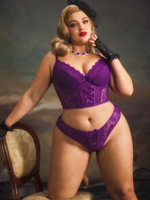 Conjunto de sujetador con aros y encaje en unicolor para tallas grandes - Morado - Ver 1