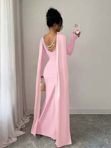 Elenzga 缎带、露背、珍珠装饰、多层链条、灯笼袖、收腰、鱼尾裙摆、开衩、弹力面料、紧身、派对、节日、优雅、性感、长裙 - 粉色 - 查看 4