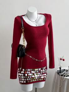 SHEIN Unity Fashionable Sequin Sexy Party Dress For Women - Burgundy - View 3