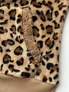 Elamini 1件棕色休闲可爱撞色法兰绒保暖内衬印花豹纹抽绳连帽柔软卫衣外套，女款，返校季，家居服 - 彩色 - 查看 7