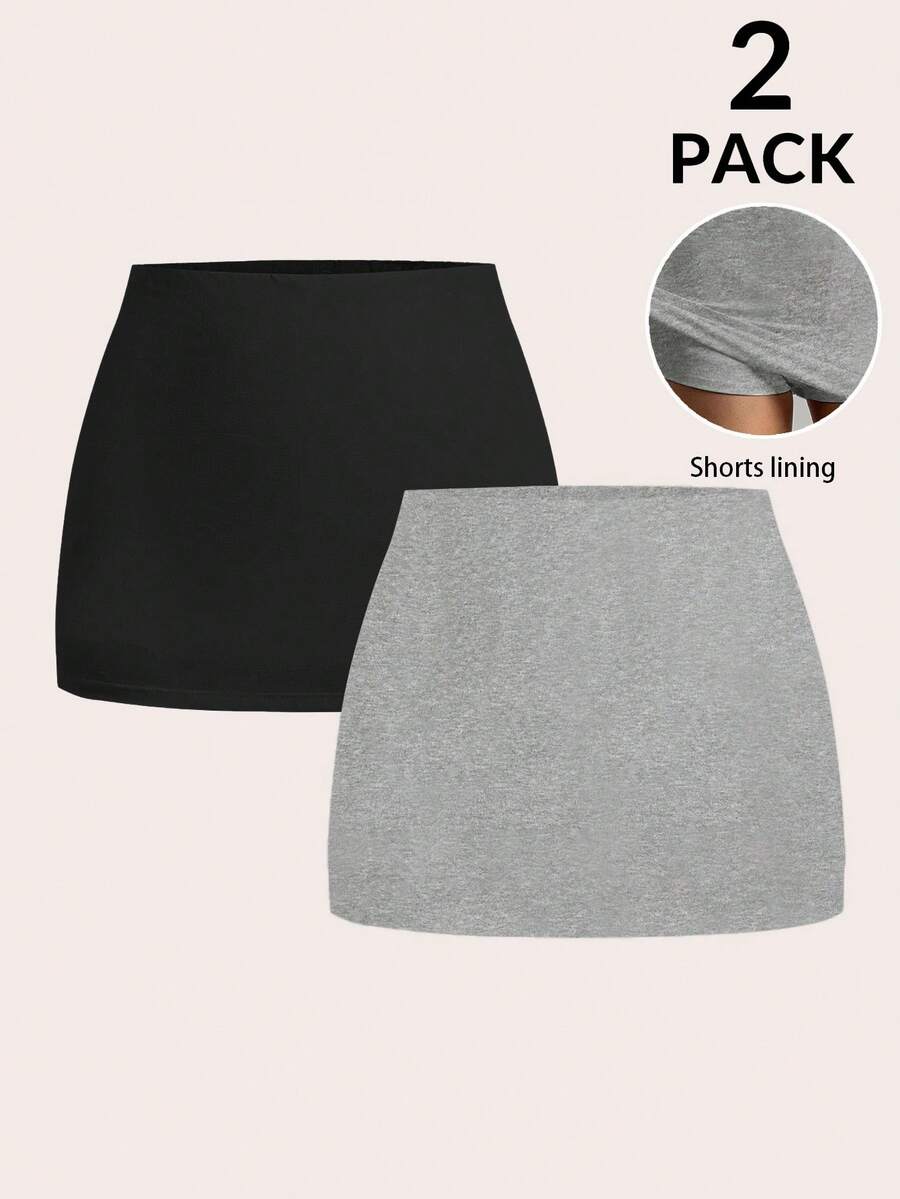 SHEIN EZwear 女士灰色和黑色迷你紧身裙套装 2 件装 休闲针织面料纯色半身裙 迷你低腰半身裙 运动半身裙 女士短裙 灰色半身裙 - 灰色 - 查看 1