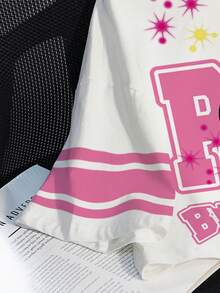 THE POWERPUFF GIRLS X SHEIN 女士休闲可爱花朵图案圆领短袖T恤，夏季 - 白色 - 查看 4