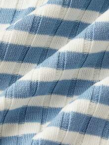 SHEIN MOD 女士蓝白条纹弹力腰休闲喇叭裤，秋冬季，感恩节、圣诞节、新年，条纹图案，休闲高腰喇叭裤 - 藍白色 - 查看 5