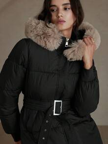 Chiquease 女士高级加厚羽绒服，长款，收腰设计，修身剪裁，可拆卸毛领，宽松版型 - 黑色 - 查看 3