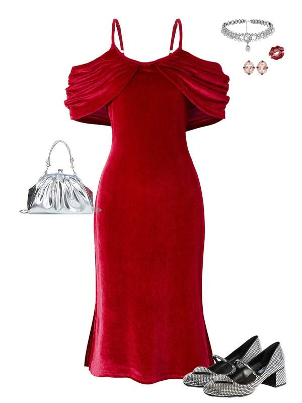 SHEIN Girls' Elegant Sleeveless Velvet Camisole Slim Fit Maxi Dress, Suitable For Vacation And Party Wear