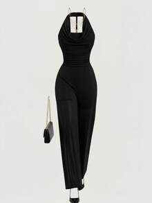 SHEIN MOD Plus Size Women's Solid Color Draped Neck Pleated Wide Leg Jumpsuit Black One Piece Jumpsuit Black Jumpsuit Women Halter Jumpsuit Jumpsuit For Women Black Jumpsuit Elegant Women One Piece Jumpsuit Backless Jumpsuit,Christmas - Black - View 7