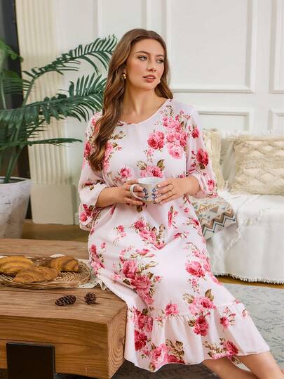 Serenescape V-Neck Ruffle Trim Floral Print Plus Size Nightgown Sleep Wear Women Women Pajama Dress Women Lounge Sets Floral Pajama Set Pajamas Gown For Woman, Moo Moo Night Dress