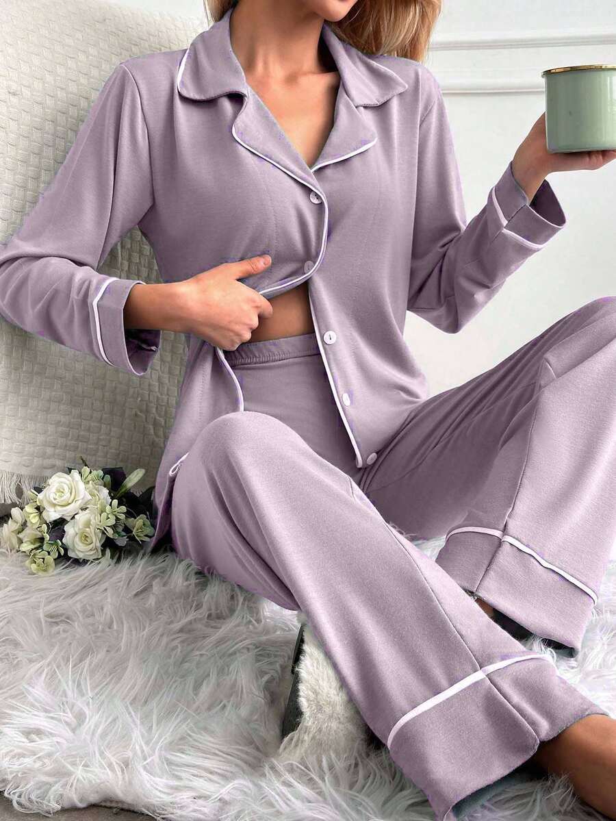 EURMUSE Classic Button Front Pajama Set – Soft Long Sleeve Top & Comfy Straight Leg Pants Loungewear