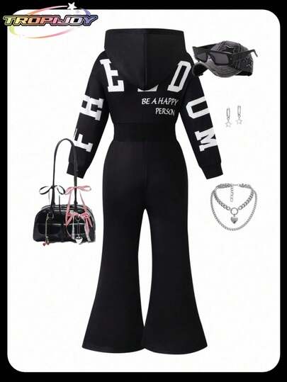 SHEIN Young Girls Letter Print Hooded Flare Jumpsuit One Piece Outfit Full Set Outfit Hooded Jumpsuit Black Jumpsuit Fall Winter